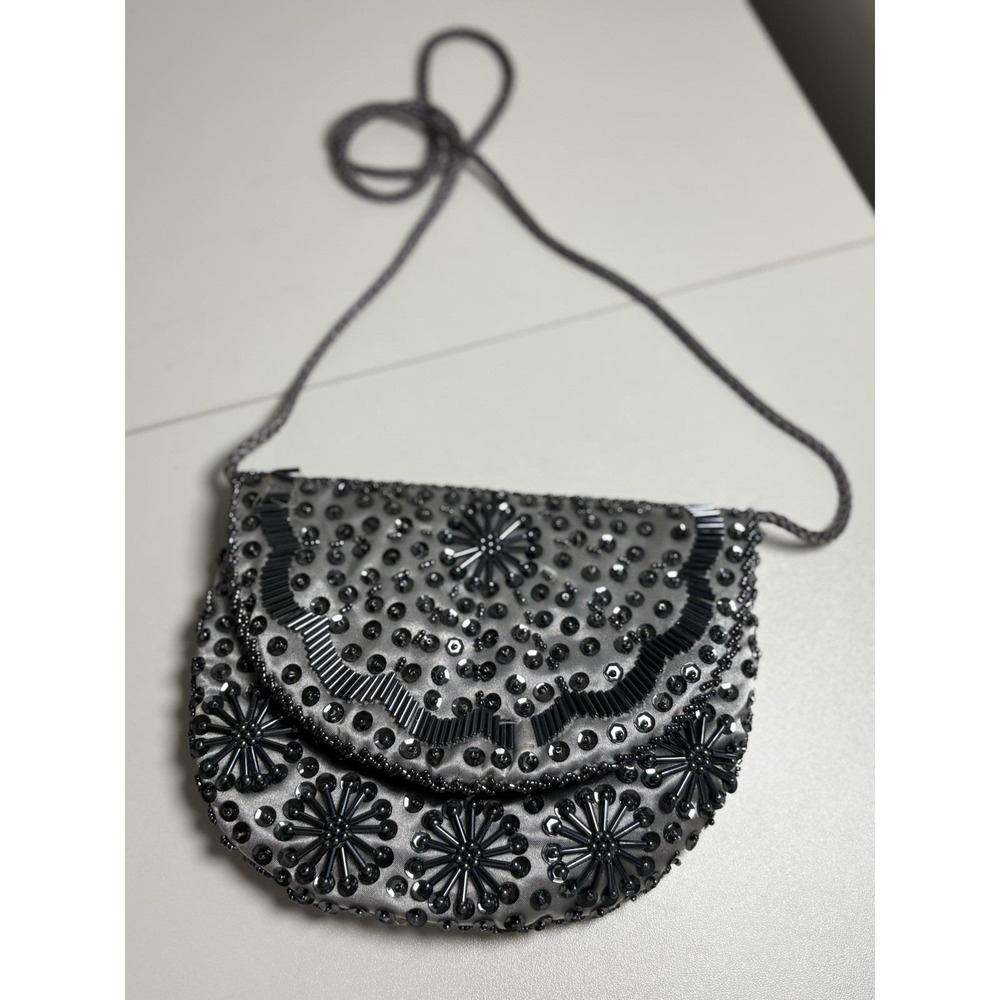 Vintage Walborg Gray Satin Beaded Evening Bag Black Sequin Floral Shoulder Purse